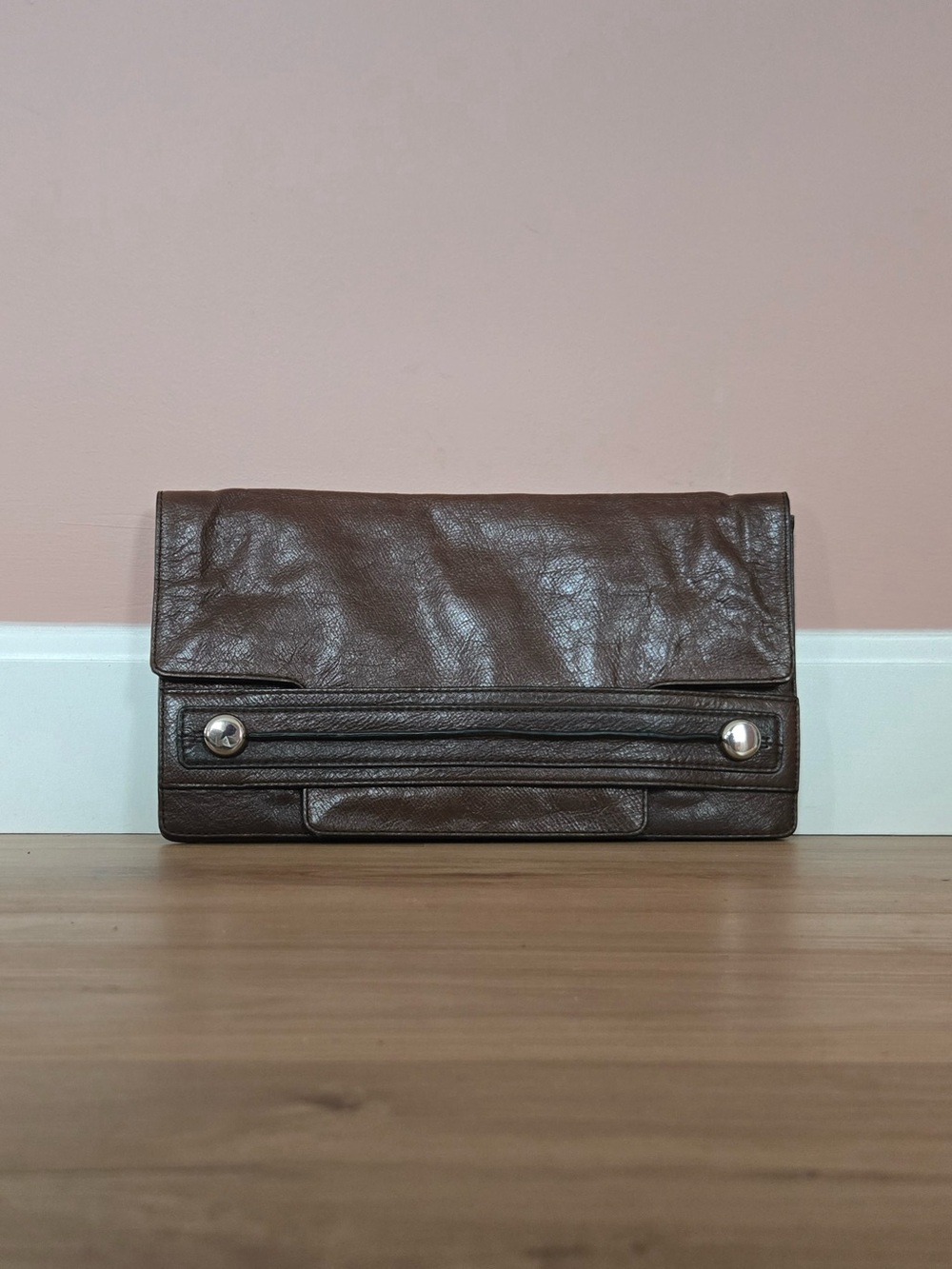 banana republic | leather magnetic closure clutch | brown | silver hardware
